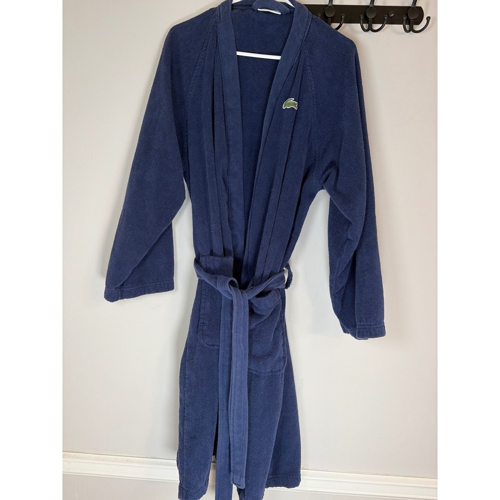 Lacoste Mens Navy Blue Cotton Terry Cloth Bathrobe Shawl Collar Logo Robe